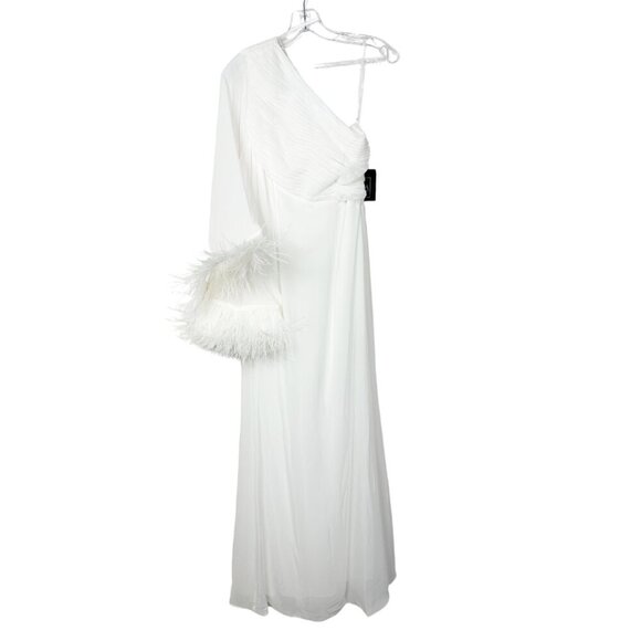 NWT Mac Duggal Feather Cuff One Shoulder Ruched Gown White 6 #9603 #9644 - Picture 4 of 9